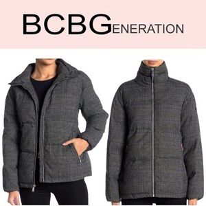 BCBGeneration Plaid Quilted Puffer Coat Jacket Gray Zip Pockets Size S